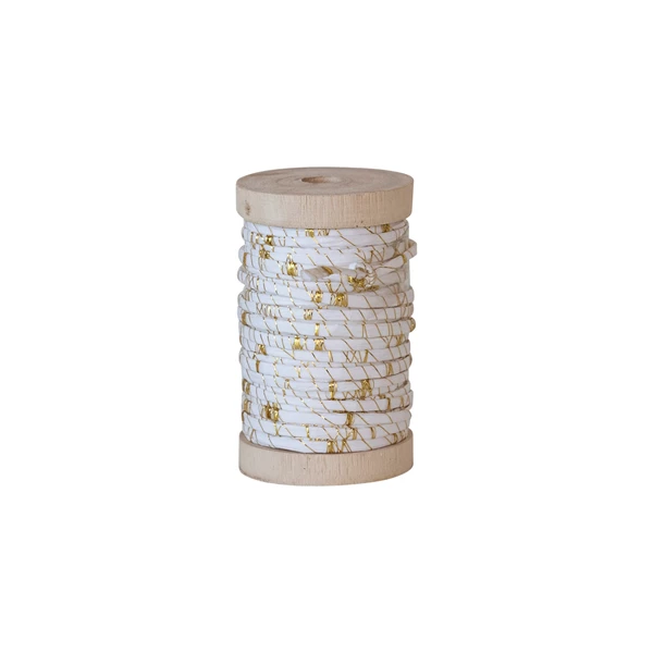 creative co op 10 Yard Raffia Wired Ribbon w/ Metallic Thread on Wood Spool White & Gold Color