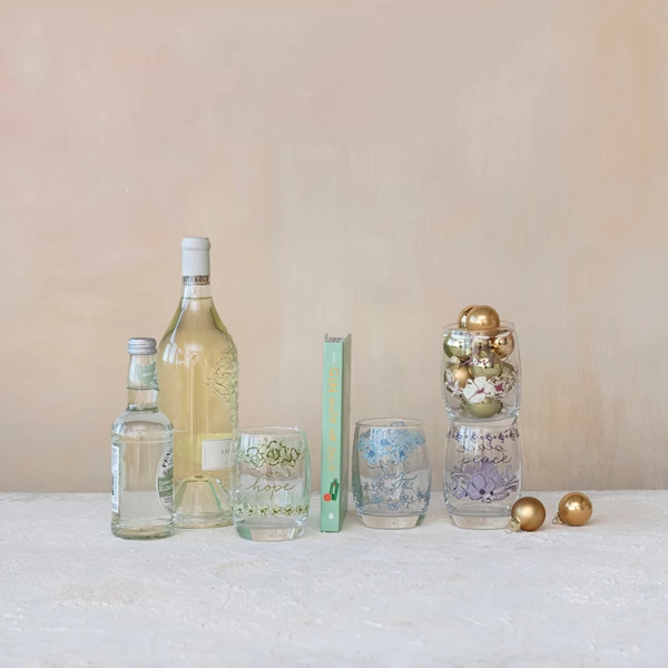 Creative Co Op 12 Oz. Drinking Glass W/ Flowers & Word 4 Styles ©