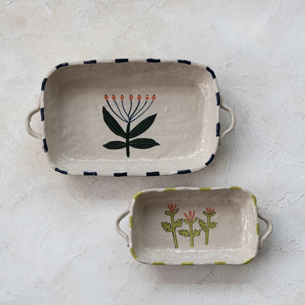 Creative Co Op 12 Oz. Hand-Painted Stoneware Baker With Flower Image & Handles