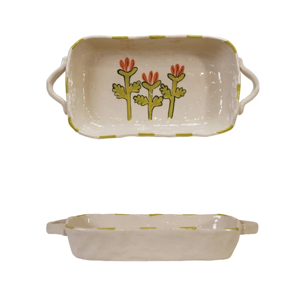 creative co op 12 oz. Hand-Painted Stoneware Baker with Flower Image & Handles