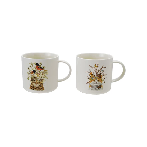 creative co op 14 oz. Stoneware Mug with Cat & Flora/Fauna 2 Styles ©