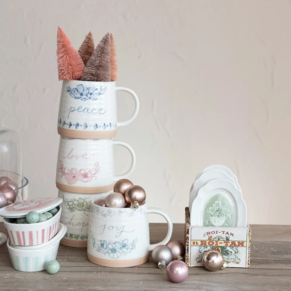 Creative Co Op 16 Oz. Stoneware Mug W/ Flowers & Word 4 Styles ©