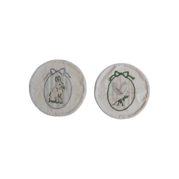creative co op 16" Round Cotton Velvet Pillow w/ Embroidered Rabbit/Dove 2 Styles ©