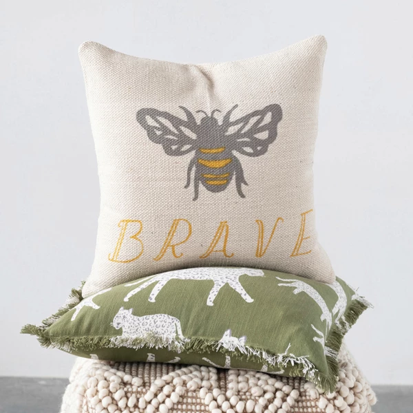 Creative Co Op 18" Cotton Pillow W/ Bee "Brave" Polyester Fill
