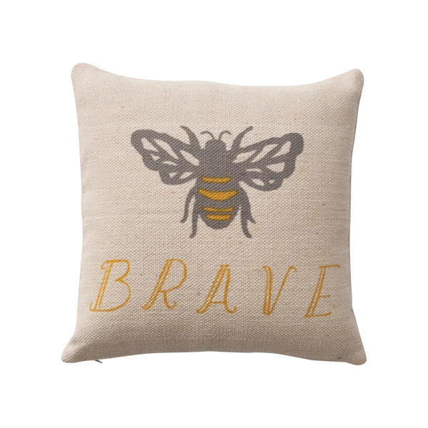 creative co op 18" Cotton Pillow w/ Bee "Brave" Polyester Fill