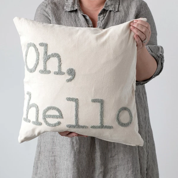 Creative Co Op 18" Cotton Pillow W/ Embroidery "Oh Hello" Polyester Fill