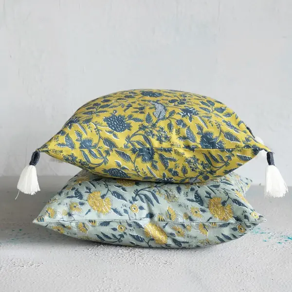 Creative Co Op 18" Cotton Pillow W/ Floral Pattern & Yarn-Wrapped Tassels Polyester Fill