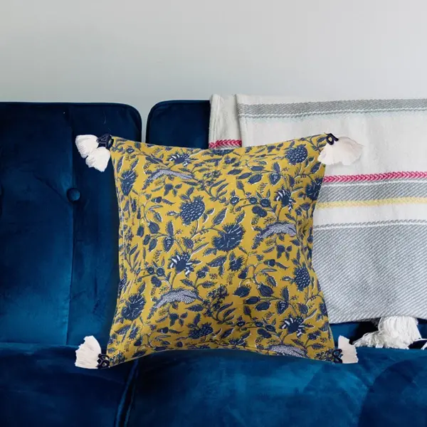 Creative Co Op 18" Cotton Pillow W/ Floral Pattern & Yarn-Wrapped Tassels Polyester Fill