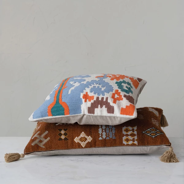 Creative Co Op 18" Cotton Slub Pillow W/ Embroidered Ikat Motif & Chambray Back Polyester Fill