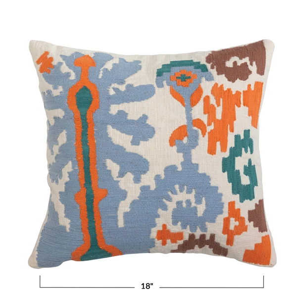 Creative Co Op 18" Cotton Slub Pillow W/ Embroidered Ikat Motif & Chambray Back Polyester Fill