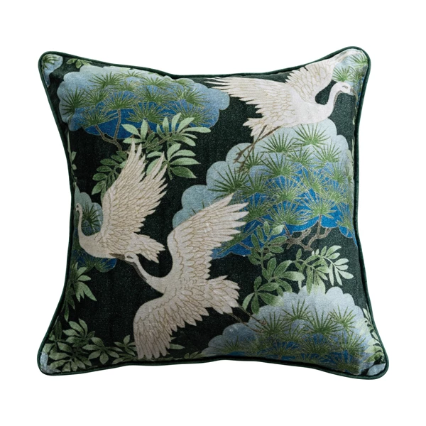creative co op 18" Square Cotton Blend Velvet Printed Pillow with Cranes & Piping