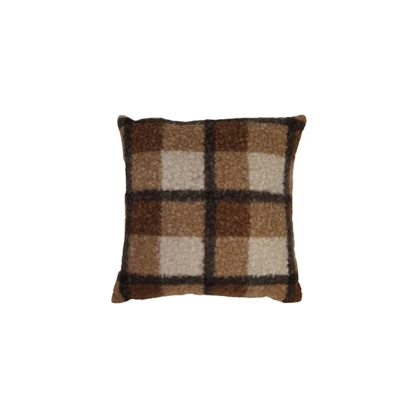 creative co op 18" Square Fabric Faux Sherpa Pillow Brown Plaid