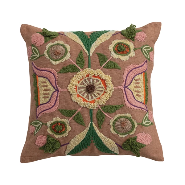creative co op 18" Square Fabric Indoor/Outdoor Pillow with Embroidered Design