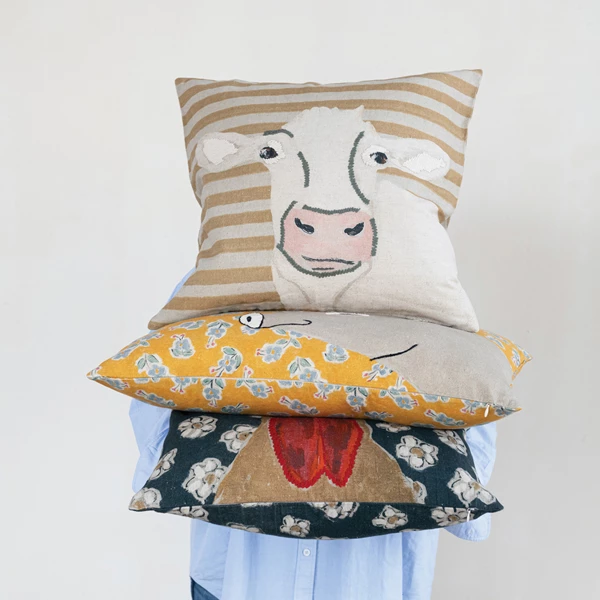 Creative Co Op 20" Square Cotton & Linen Pillow With Cow Image & Embroidery ©