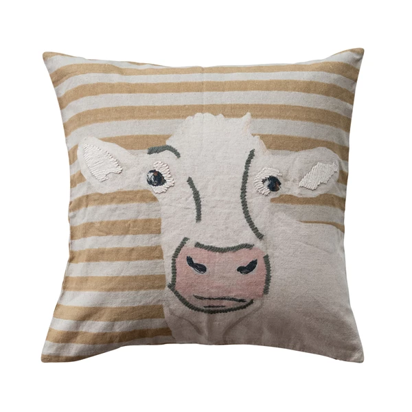 creative co op 20" Square Cotton & Linen Pillow with Cow Image & Embroidery ©