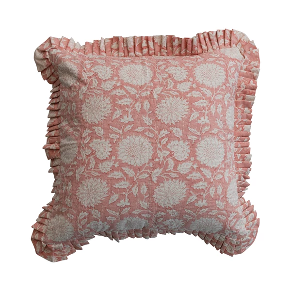 creative co op 20" Square Pillow with Hand-Embroidered Kantha Stitch & Ruffled Edge