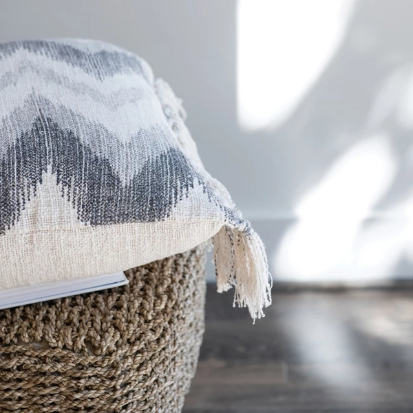 Creative Co Op 20" Stonewashed Cotton Slub Pillow W/ Chevron Print & Fringe Polyester Fill