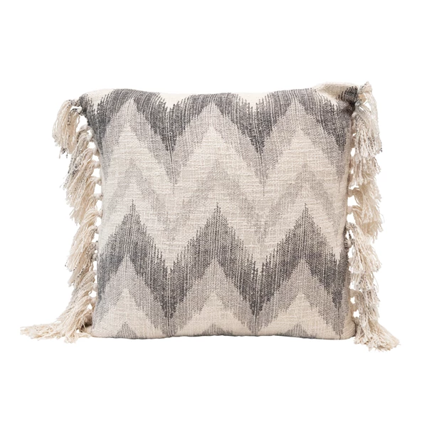 creative co op 20" Stonewashed Cotton Slub Pillow w/ Chevron Print & Fringe Polyester Fill