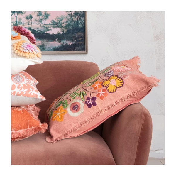 Creative Co Op 24"L X 16"H Cotton Lumbar Pillow W/ Embroidered Flowers & Eyelash Fringe
