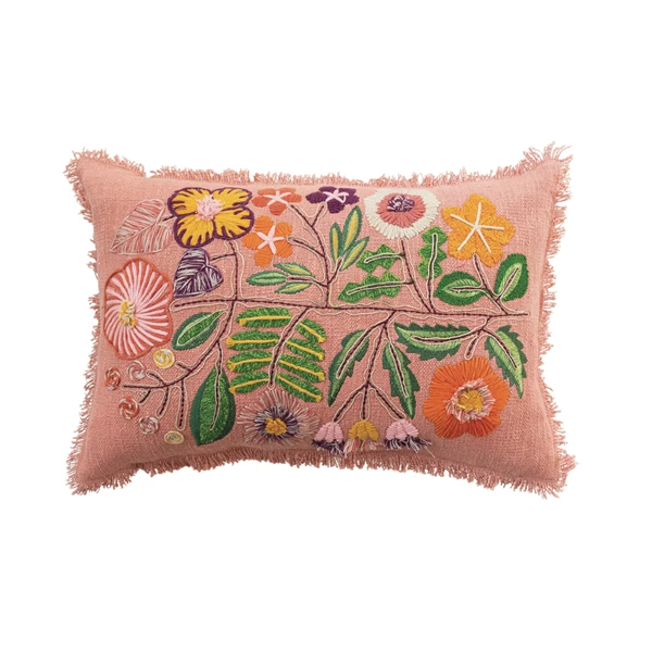creative co op 24"L x 16"H Cotton Lumbar Pillow w/ Embroidered Flowers & Eyelash Fringe