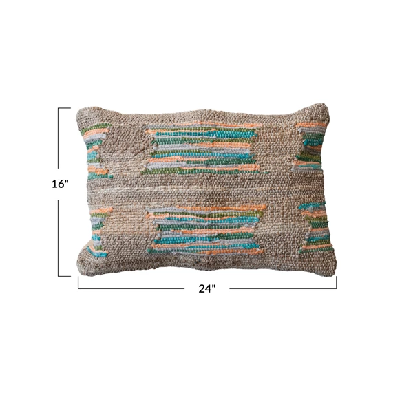 Creative Co Op 24"L X 16"H Hand-Woven Jute & Cotton Chindi Lumbar Pillow (Each One Will Vary)
