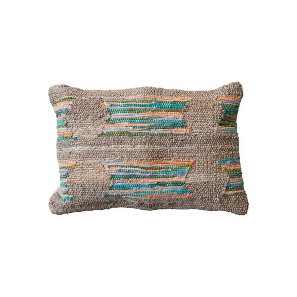 creative co op 24"L x 16"H Hand-Woven Jute & Cotton Chindi Lumbar Pillow (Each One Will Vary)