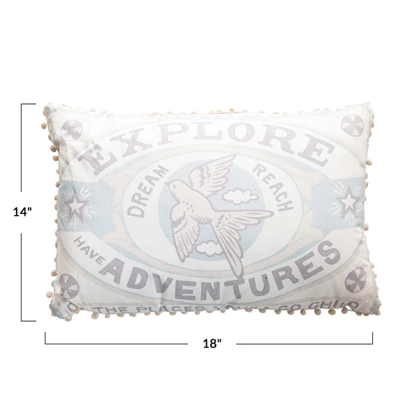 Creative Co Op 26" X 14" Explore Have Cotton Lumbar Pillow With Pom Poms