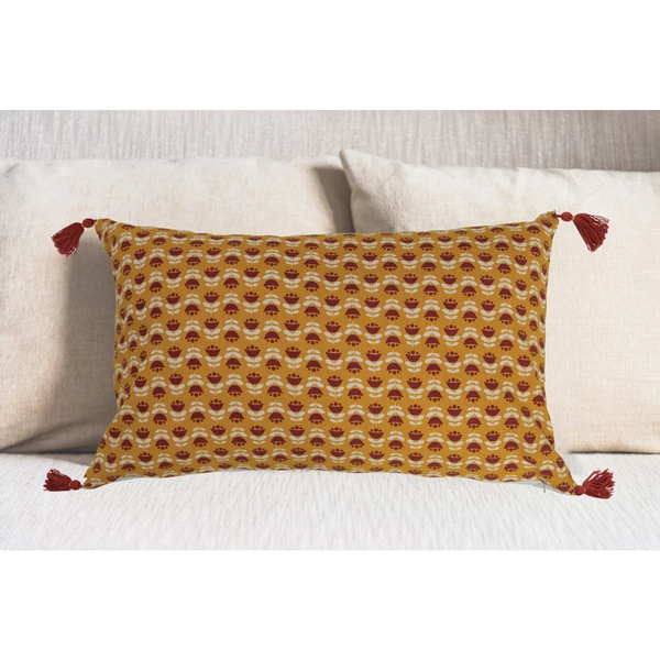 Creative Co Op 26" X 16" Cotton Slub Lumbar Pillow With Floral Pattern & Tassels