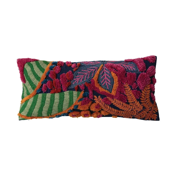 creative co op 27"L x 12"H Embroidered Fabric Indoor/Outdoor Lumbar Pillow w/ Tufted Botanicals