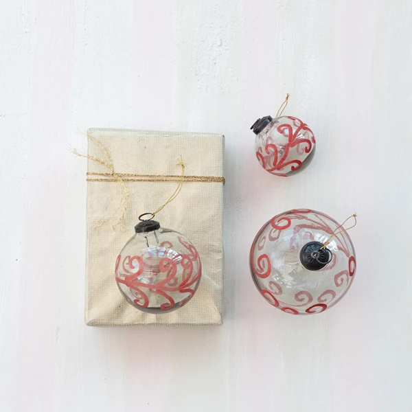 Creative Co Op 3" Round Hand-Painted Etched Glass Ball Ornament Raspberry Color