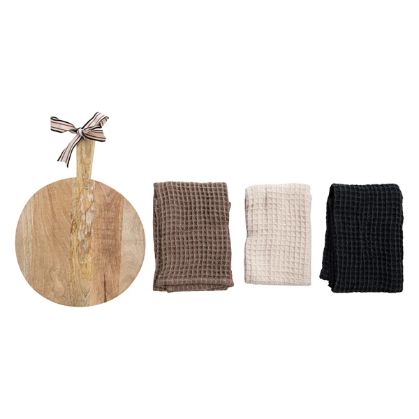 Creative Co Op (3) Waffle Weave Tea Towels W/ Mango Wood Cheese/Serving Board Set Of 4 Tied W/ Cotton Tape
