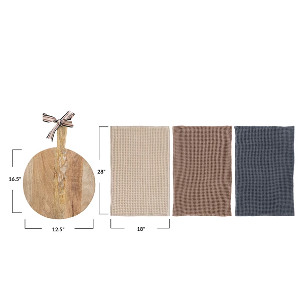 Creative Co Op (3) Waffle Weave Tea Towels W/ Mango Wood Cheese/Serving Board Set Of 4 Tied W/ Cotton Tape