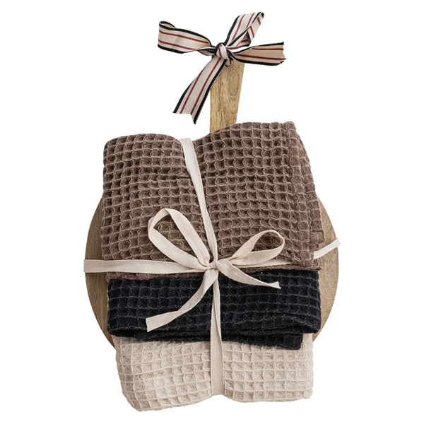 creative co op (3) Waffle Weave Tea Towels w/ Mango Wood Cheese/Serving Board Set of 4 Tied w/ Cotton Tape