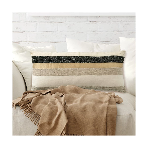 Creative Co Op 36" X 16" Woven Wool Blend Lumbar Pillow With Gold Metallic Thread & Stripes