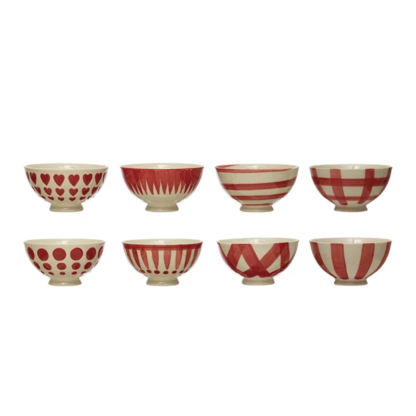 creative co op 4-1/2" Round x 2-1/4"H Hand-Painted Stoneware Latte Bowl White and Red 8 Styles