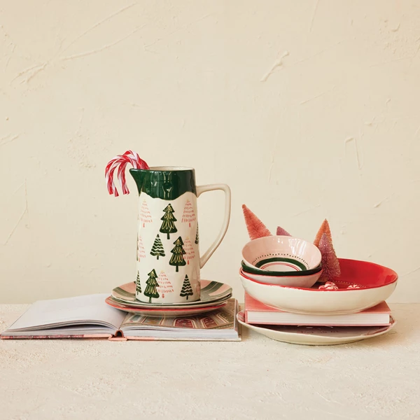 Creative Co Op 48 Oz. Hand-Painted Stoneware Pitcher With Trees