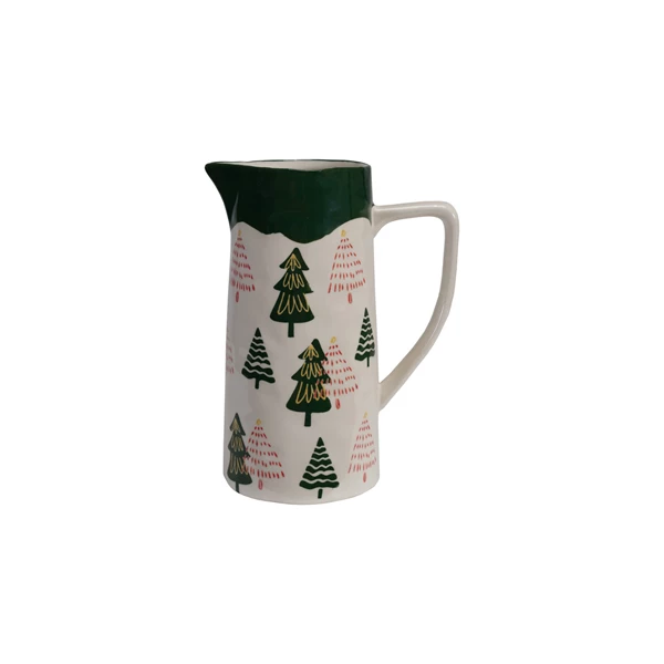 creative co op 48 oz. Hand-Painted Stoneware Pitcher with Trees