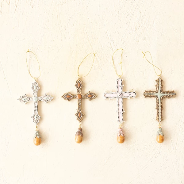 Creative Co Op 5-3/4"H Resin Cross Ornament With Drop Bead Multi Color 4 Styles