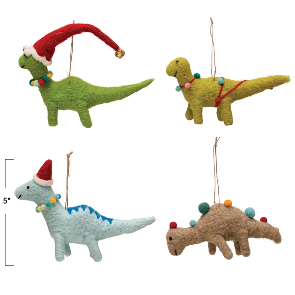 Creative Co Op 5"H Wool Felt Dinosaur Ornament W/ Seasonal Accessories Multi Color 4 Styles