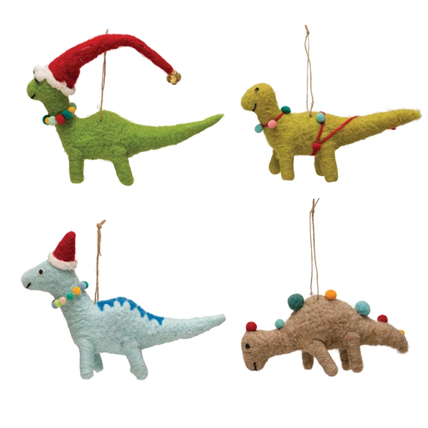 creative co op 5"H Wool Felt Dinosaur Ornament w/ Seasonal Accessories Multi Color 4 Styles
