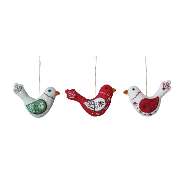 creative co op 5"L Handmade Wool Felt Bird Ornament with Embroidery 3 Styles