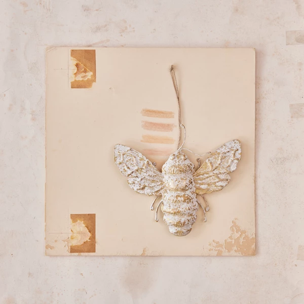 Creative Co Op 6-1/2"L Metal Bee Ornament Distressed Gold Finish & White