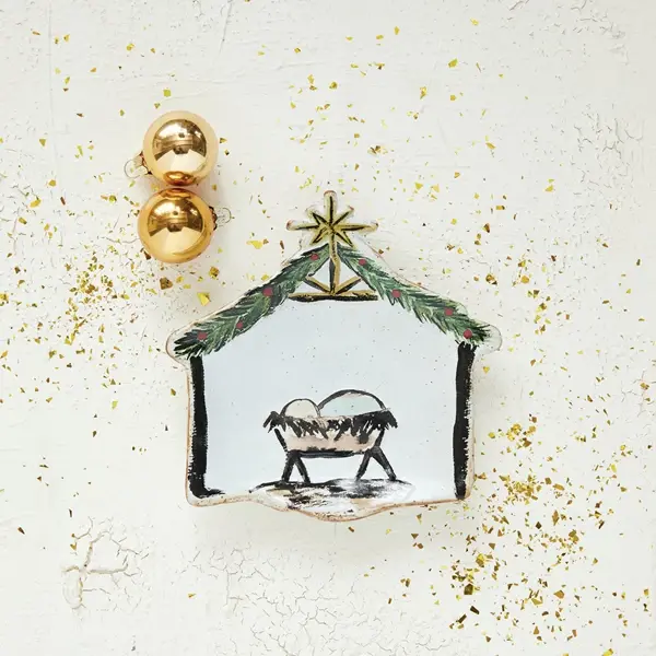 Creative Co Op 6"L Stoneware Baby Jesus In A Manger Shaped Dish Multi Color