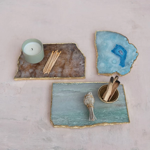 Creative Co Op Agate Slab W/ Gold Electroplated Edge Blue (Each One Will Vary)