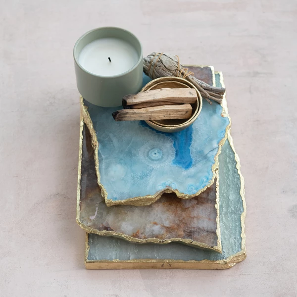 Creative Co Op Agate Slab W/ Gold Electroplated Edge Blue (Each One Will Vary)