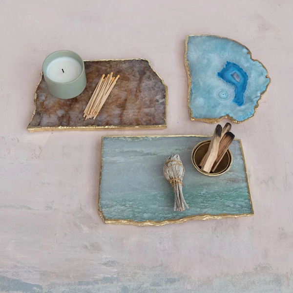 Creative Co Op Agate Slab W/ Gold Electroplated Edge Blue (Each One Will Vary)