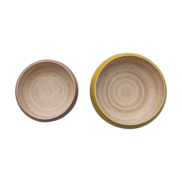 Creative Co Op Bamboo Bowls W/ Natural Finish Inside Matte Pink & Yellow Set Of 2