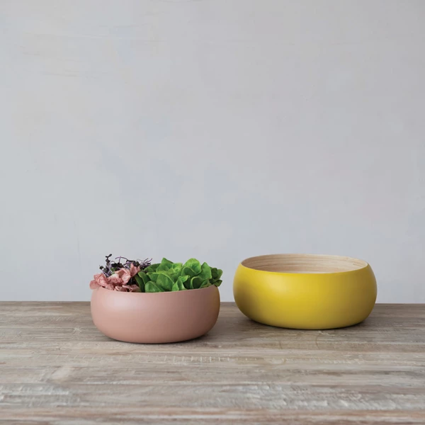 Creative Co Op Bamboo Bowls W/ Natural Finish Inside Matte Pink & Yellow Set Of 2