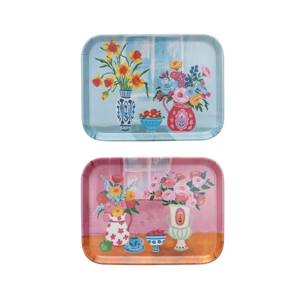 creative co op Bamboo Fiber Tray w/ Flowers in Vases 2 Styles ©