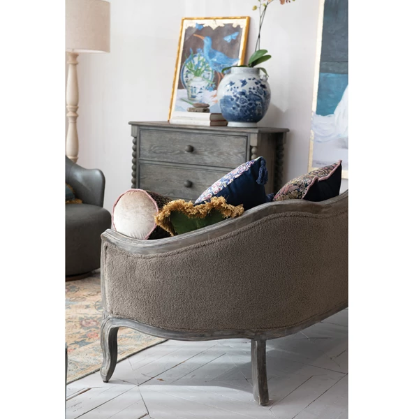 Creative Co Op Bouclé Fabric Upholstered Pintucked Sofa W/ Hand-Carved Mango Wood Frame